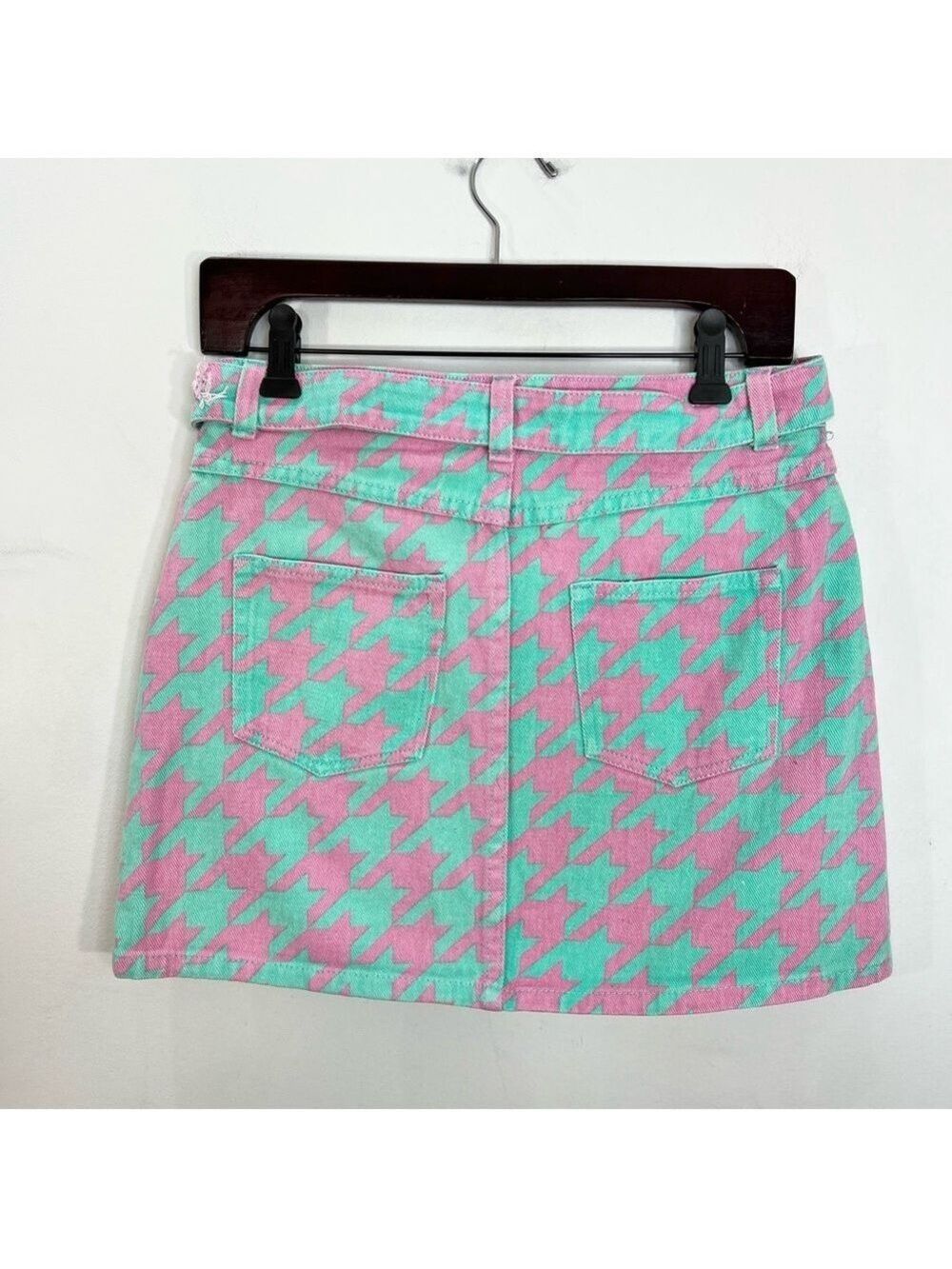 Signature 8 aqua pink houndstooth check belted denim mini skirt M - Picture 3 of 11